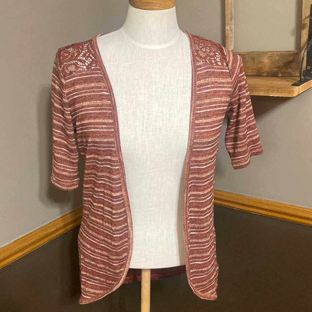 Maurice’s rust & gold striped front, lace back open front cardigan size Medium